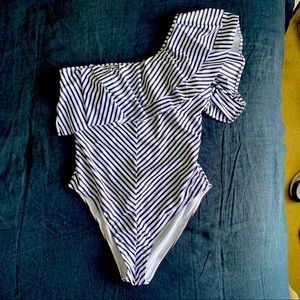 Plus One Shoulder Ruffle Striped One Piece Swim